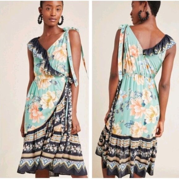 Anthropologie FARM RIO Monica Wrap Dress XS Ruffle Floral Print Boho Beach Rio - Picture 1 of 9